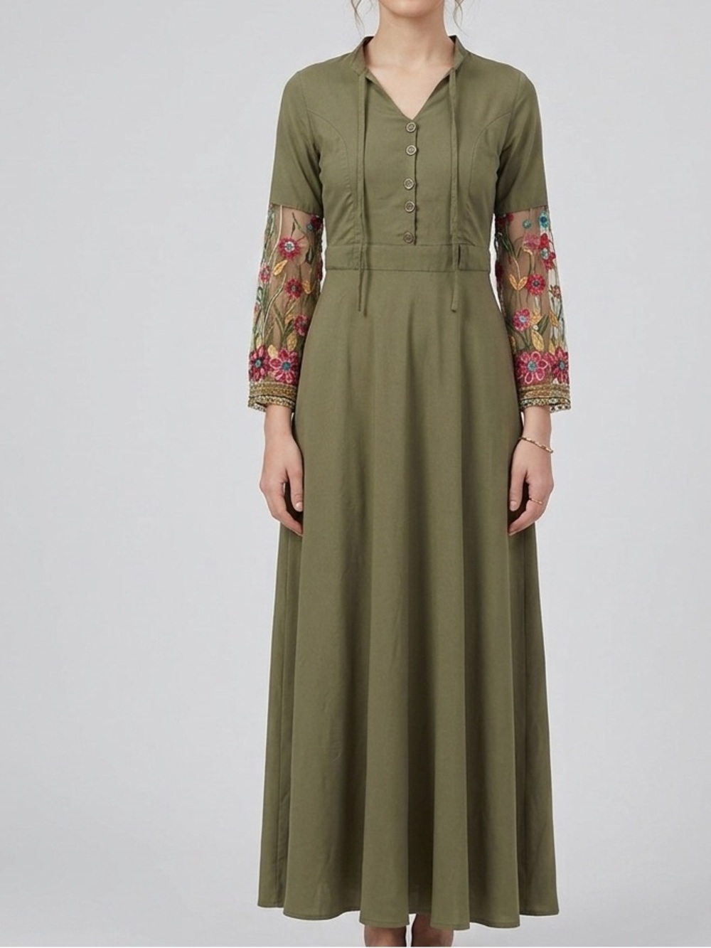 Olive Green Embroidered Long Sleeve Modest Maxi Dress Size Large